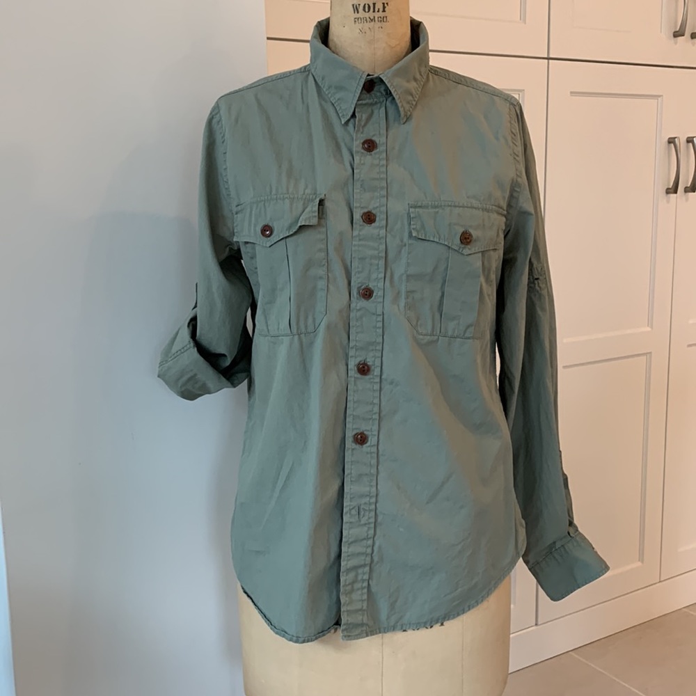 Jachs comfort shirt, camo green btn frnt shirt w/ roll tab sleeve detail & patch